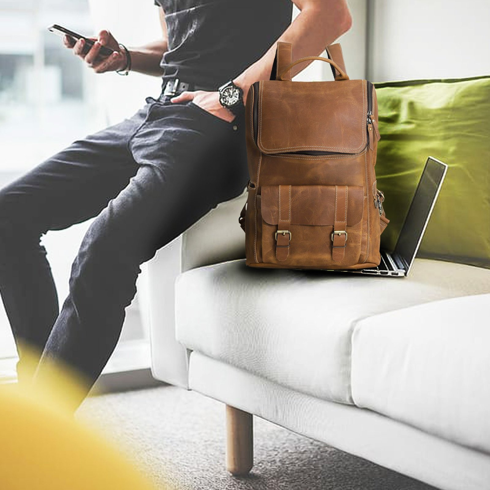 Tan leather backpack