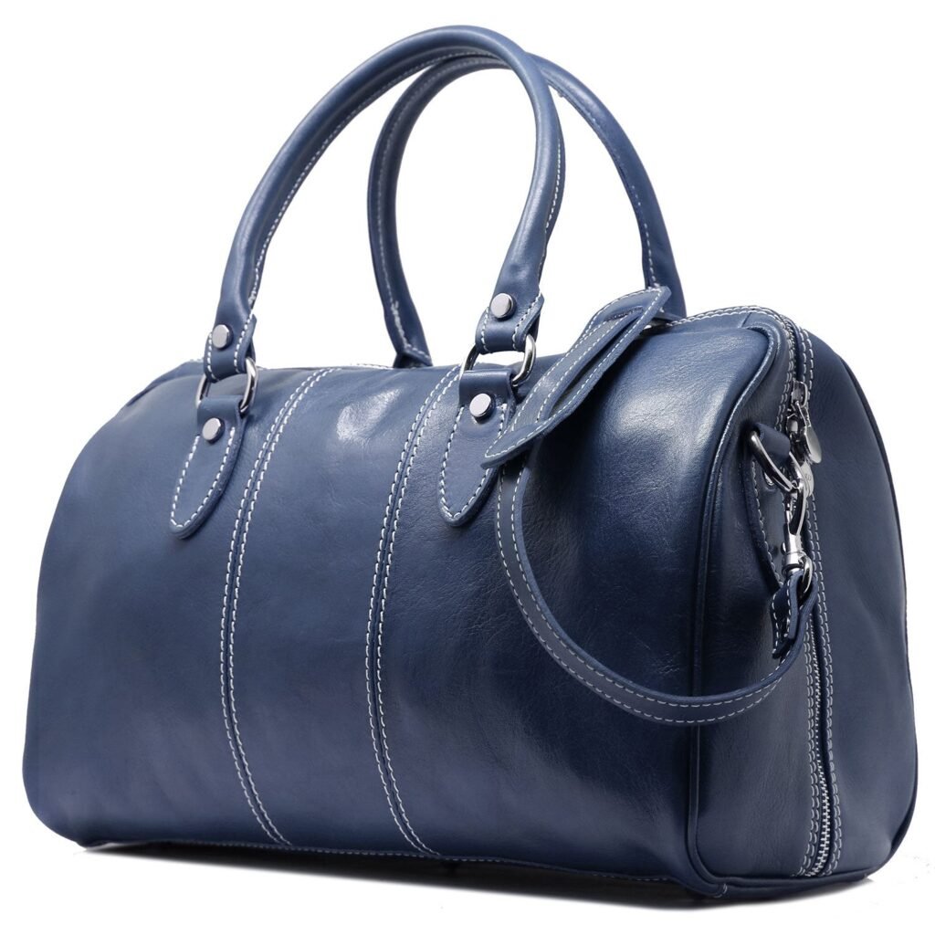 Blue Venezia mini leather bag made from premium genuine leather, featuring a compact structured design and refined craftsmanship