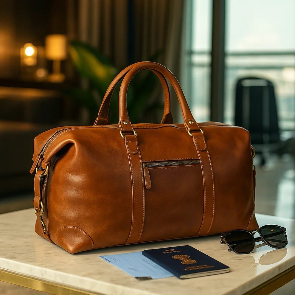 Premium leather travel and duffel bag crafted from genuine leather, designed for stylish weekend trips and business travel