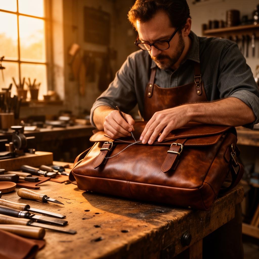 Master leather craftsman hand-stitching a premium full-grain leather messenger bag in traditional workshop with professional tools and warm amber lighting