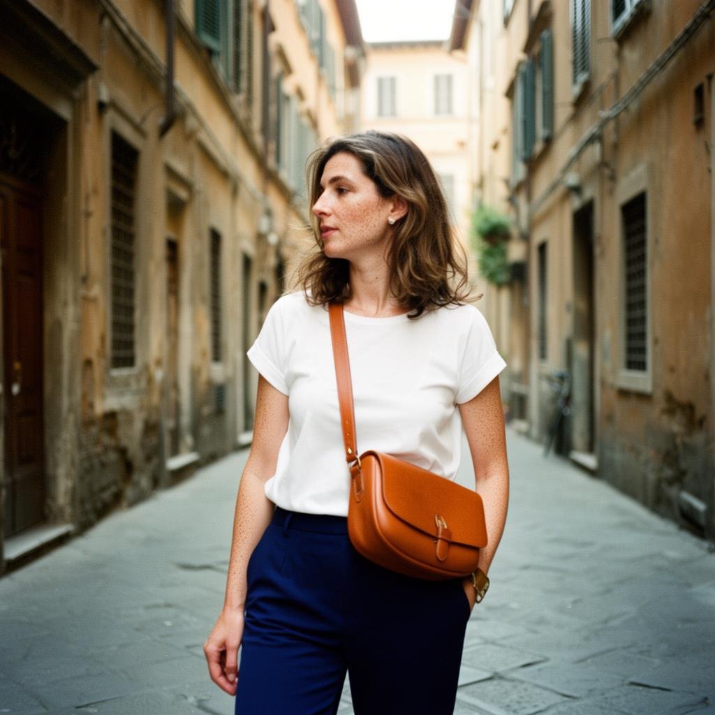 Woman casually wearing the Montelise Italian leather crossbody bag in cognac brown while strolling through a sunlit narrow street in Italy"